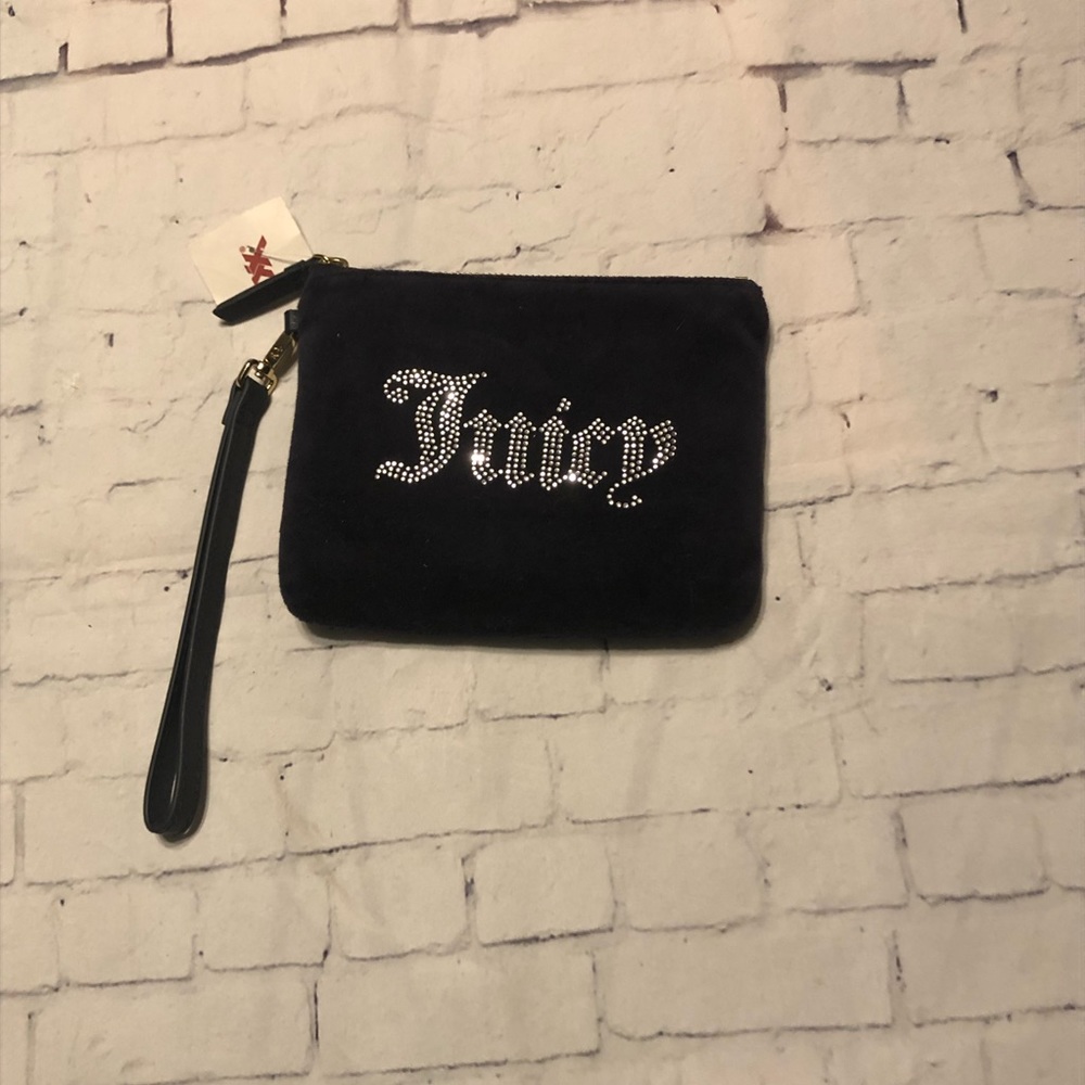 Juicy black label velour wristlet makeup bag purse rhinestones front embellished